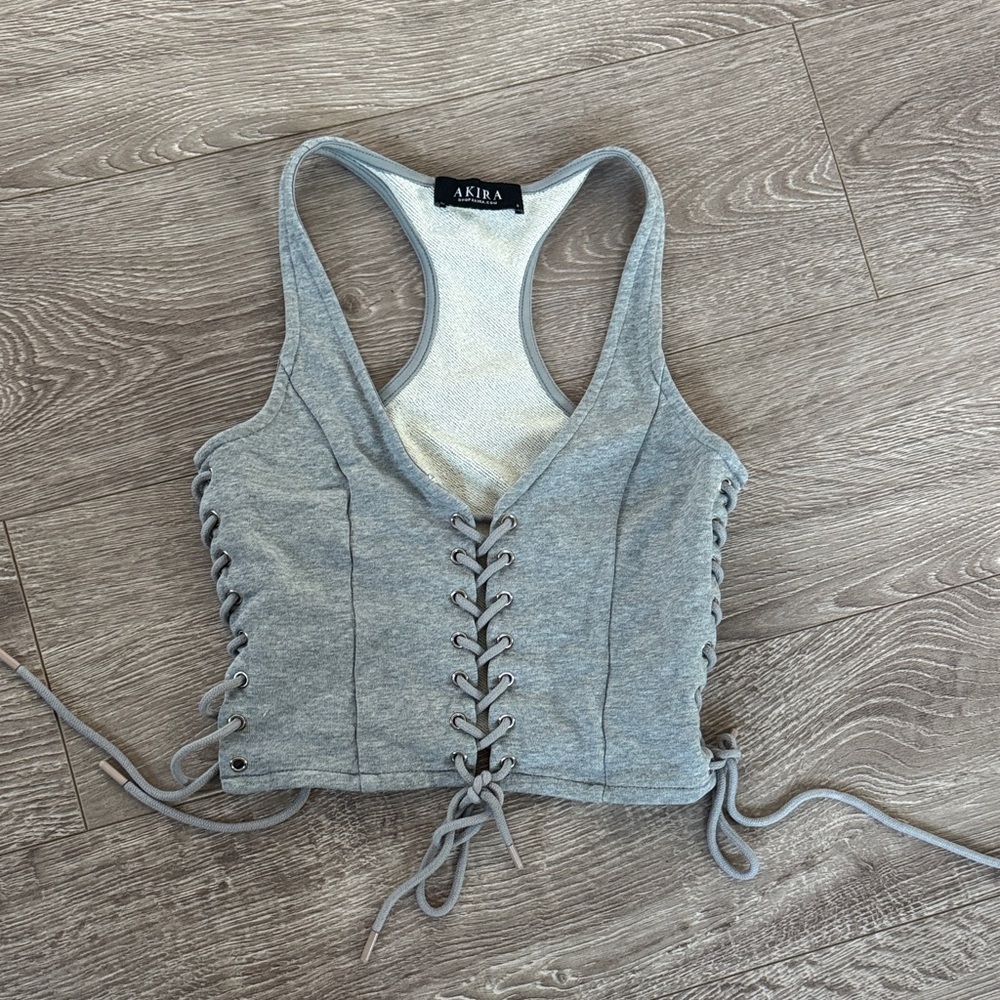 AKIRA Heather Gray Lace-Up Crop Top